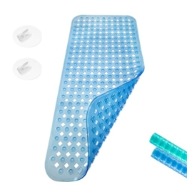 Akriva Badewannenmatte, rutschfest, antimikrobiell und maschinenwaschbar, BPA-frei, schimmelresistent, mit 2 Haken zur Aufhängung (88 x 40 cm, transparent blau, Quadrate-Design) - 1