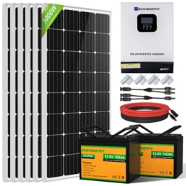 ECO-WORTHY 4 kW·h Solarsystem 1kW 24V mit Wechselrichter und Batterie Netzunabhängig für Wohnmobil: 6 * 170W Solarmodu + 2 * 100Ah Lithiumbatterie +3kW 24V-220V All-in-One-Maschine Invertersteuerung - 1