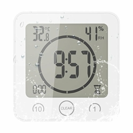 FORNORM Shower Clock Dusche Uhr Wasserdicht, Badezimmer Uhr Digital mit Saugnapf LCD Display Luftfeuchtigkeit Temperatur Wanduhren, AM/PM oder 24 Stunden Format, Batterien, Countdown Timer, Weiß - 1