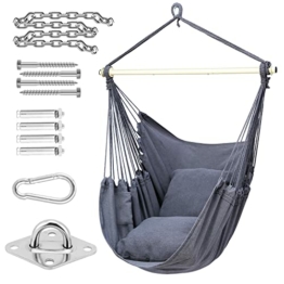 Hängesessel mit 2 Kissen und Deckenhaken-Kit, Ohuhu Hängesessel Outdoor XL Hängestuhl bis 150 kg für Erwachsene & Kinder, Hängesitz Aufhängung Indoor Outdoor Schlafzimmer und Garten,Grau - 1