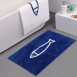 JameStyle26 Badematte antirutsch Fußmatte Blau Weiß Fisch Fish Motiv Badezimmermatte rutschfest Duschmatte schnelltrocknend Küchenmatte Badezimmer Teppich Matte (50 x 80 cm, Blau) - 1