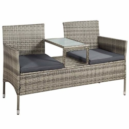 Juskys Polyrattan Gartenbank Monaco - 2-Sitzer Bank mit Tisch & Kissen - 133 × 63 × 84 cm - Rattan Sitzbank wetterfest Garten Balkon — grau-meliert - 1