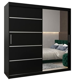 Kryspol Schwebetürenschrank Verona 2-200 cm mit Spiegel Kleiderschrank Kleiderstange und Einlegeboden Schlafzimmer- Wohnzimmerschrank Schiebetüren Modern Design (Schwarz) - 1