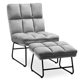 MCombo Sessel mit Hocker, Relaxsessel für Wohnzimmer, moderner Fernsehsessel Loungesessel Stuhl, Samt, 0014 (hellgrau) - 1