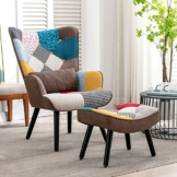 Relaxsessel mit Hocker Patchwork Sessel Ohrensessel Holz Sessel Wohnzimmer, moderner Fernsehsessel Loungesessel Stuhl Patchwork Leinen Massivholzfüße - 1