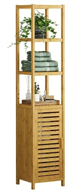 VIAGDO Hochschrank, Badezimmerschrank Bambus, Badschrank hoch mit 3 offene Fächern und Schrank, hoher Beistellschrank, Aufbewahrungsschrank, für Badezimmer, Flur, Küche, Wohnzimmer, 34 x 33 x 170 cm - 1