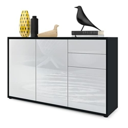 Vladon Sideboard Ben V3, Kommode mit 3 Türen und 2 Schubladen, Schwarz matt/Weiß Hochglanz (117 x 74 x 36 cm) - 1