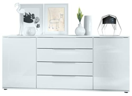 Vladon Sideboard Linio V2 166,5 x 72,5 x 35 cm Anrichte mit 2 Türen und 4 Schubladen, Korpus in Weiß matt, Fronten in Weiß Hochglanz - 1